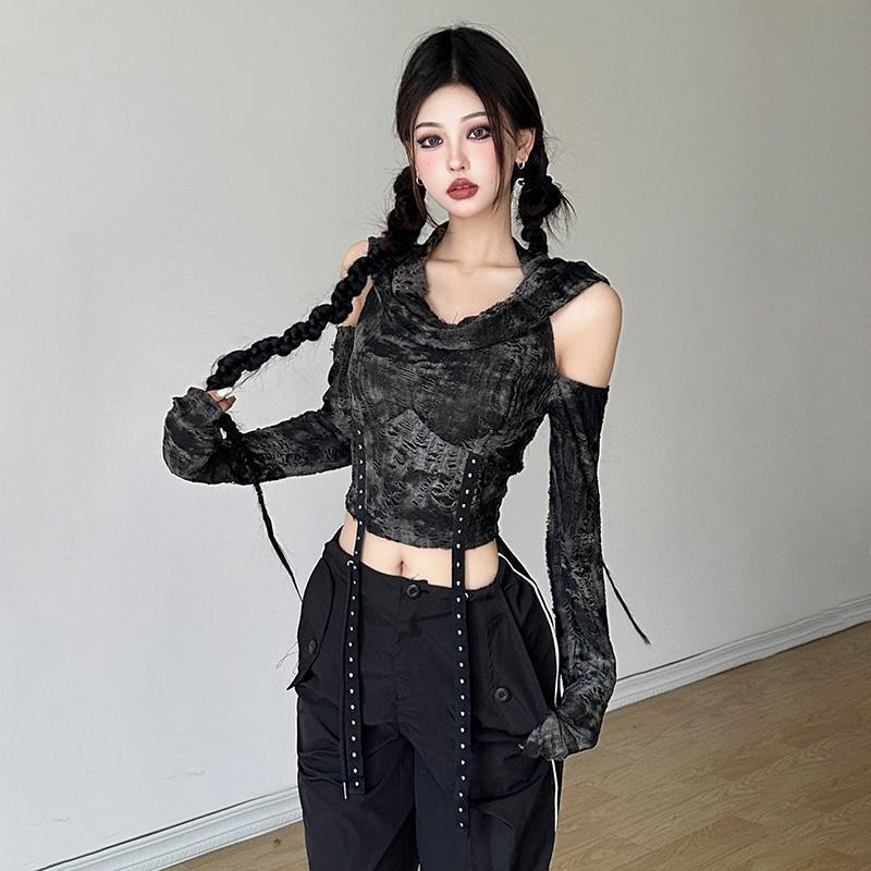Street Fashion Y2K - Schulterfreies Hoodie-Langarm-T-Shirt für Damen, Schwarz, lässig,